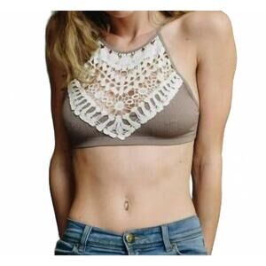 NEW LETO crochet lace high neck bralette in mocha/white